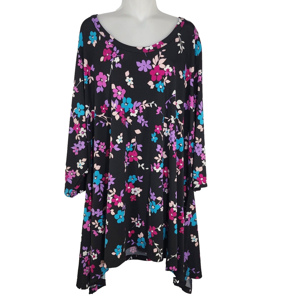 Woman Within Tunic Top Womens Plus 4X Pullover 3/4 Sleeve Sharkbite Hem Floral